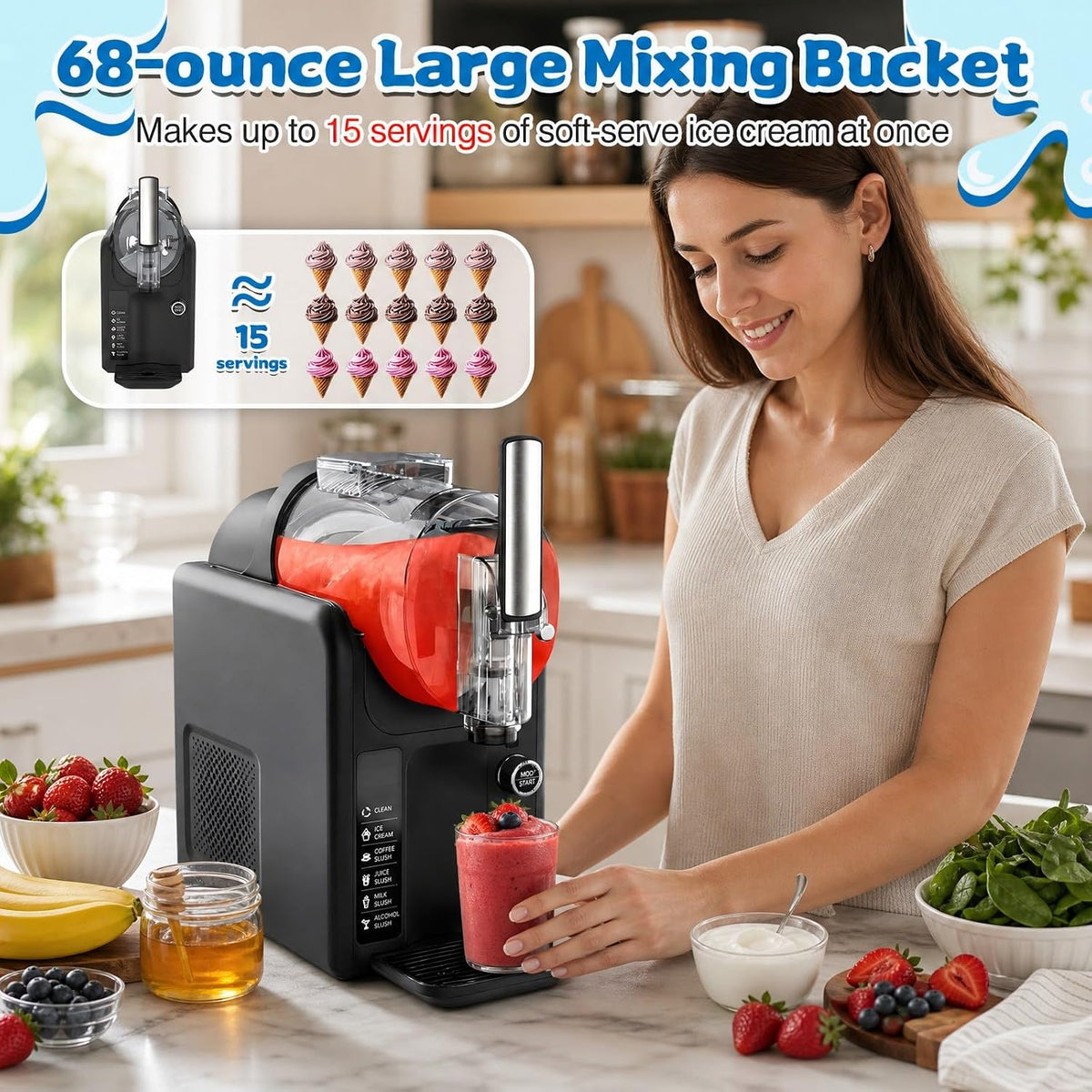 Soft Serve Ice Cream Slushie Machine - 68 oz Slushy Machine for Home, 2-In-1 Soft Ice Cream Maker with 6 Pre-Set