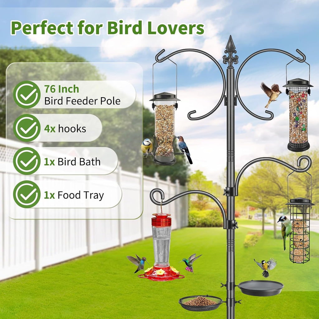 Bird Feeder Pole, 76 Inch Bird Feeding Station, Heavy Duty Shepherd Hooks for Outdoors Hanging Birds Feeders, 4 Hook