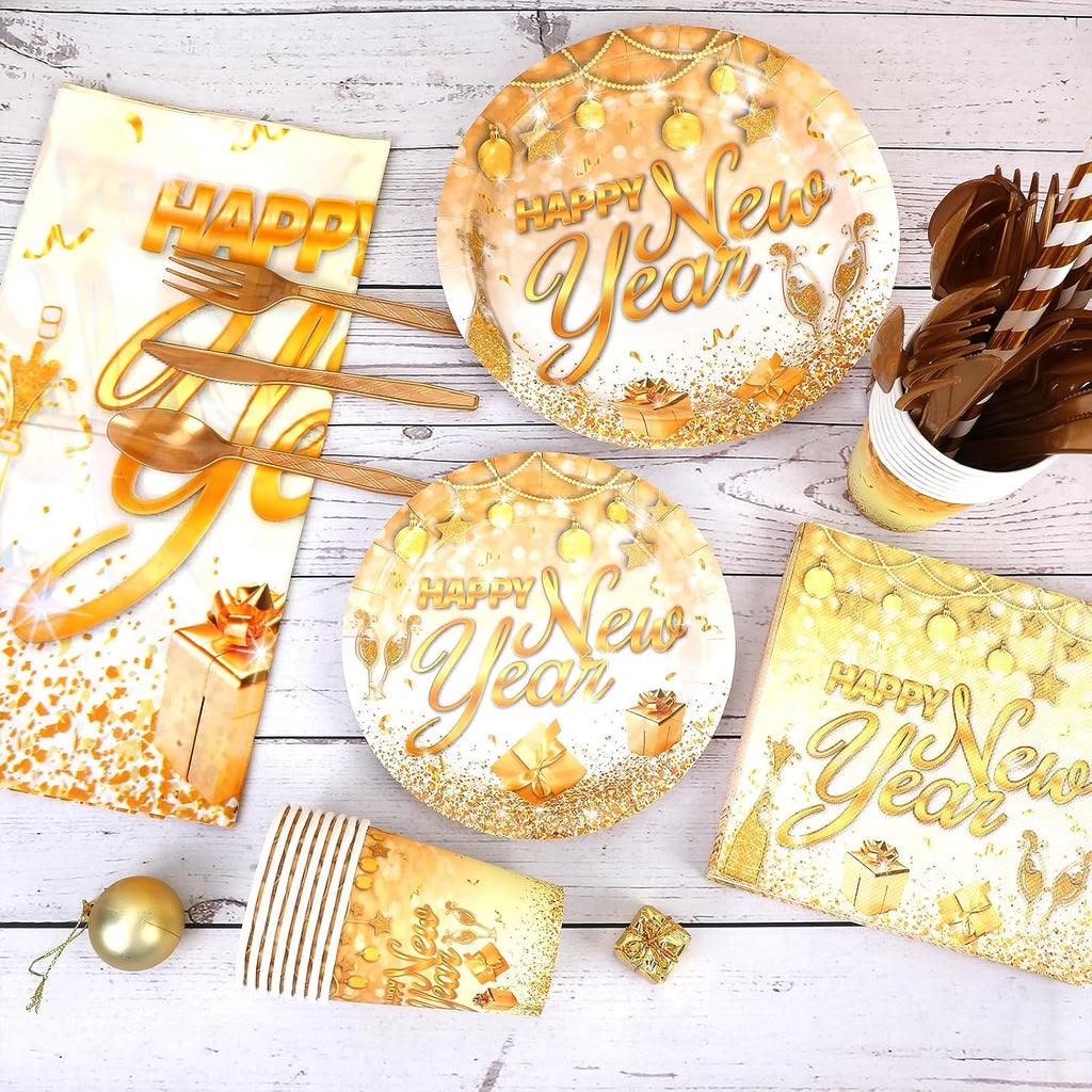 121 Pcs New Years Eve Party Supplies Dinnerware Set, Happy New Years White Gold Tablecloth Banner Plates Cups Napkins