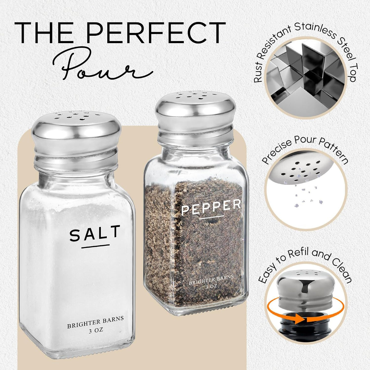 Glass Salt and Pepper Shakers Set by Brighter Barns - Modern Kitchen Decor, Dining Table Countertop Accessory