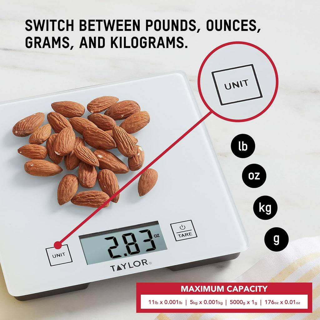 Compact Glass Kitchen Food Scale, 11 lb Capacity Digital Scale for Baking, Cooking, Meal Prep, Portion Control, Thin