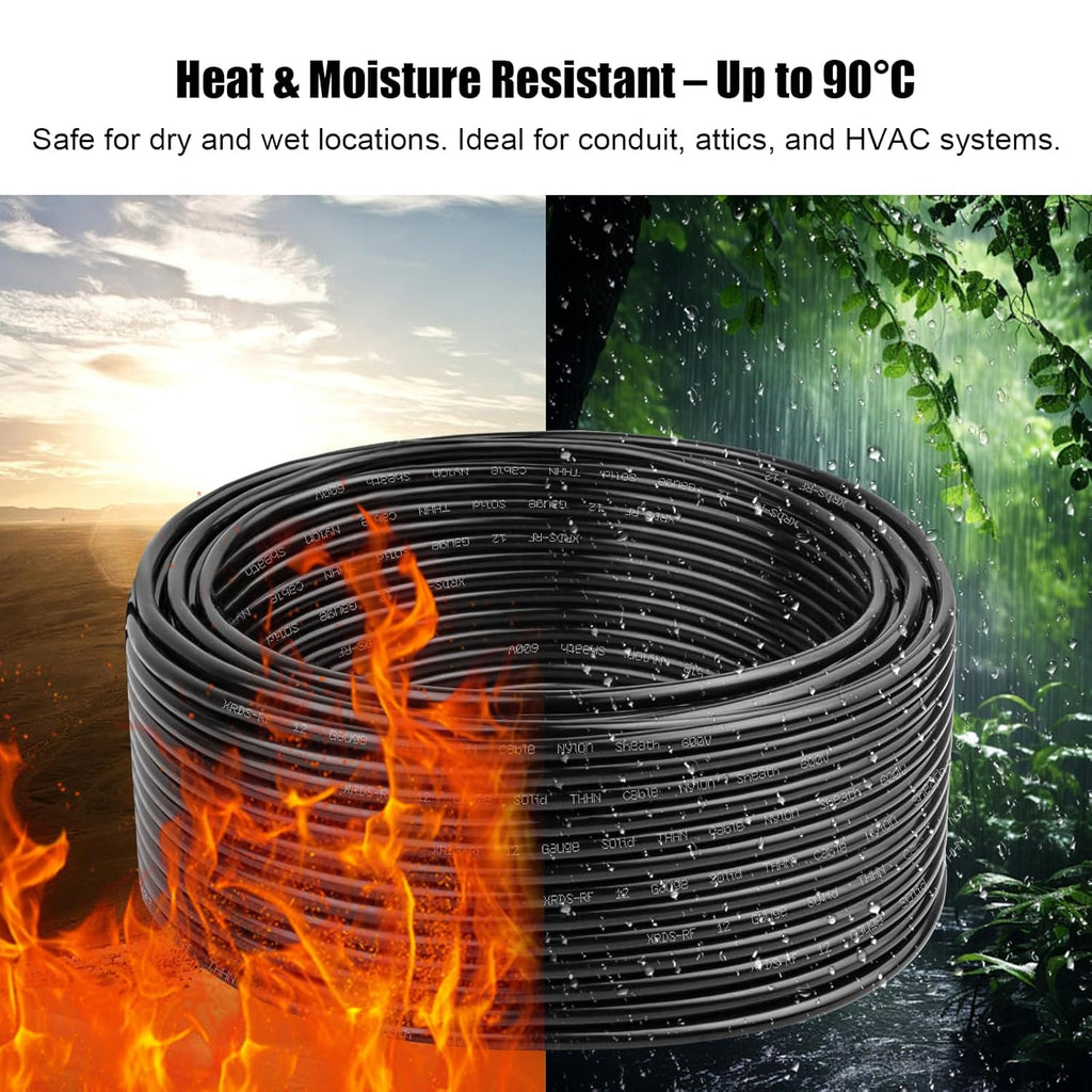 THHN Wire 50 FT, Single Bare Copper Conductor, 12AWG Black Electrical Wire, Solid Building Wire 600V Nylon Sheath