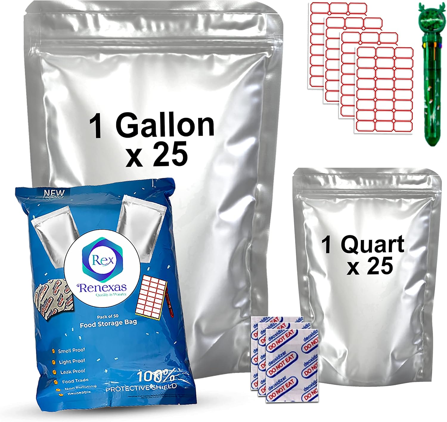 Food Storage Mylar Bags with Oxygen Absorbers, 50 PCS Kit (25 Gallon + 25 Quart), Heavy Duty Heat Sealable Resealable