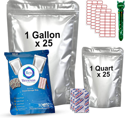 Food Storage Mylar Bags with Oxygen Absorbers, 50 PCS Kit (25 Gallon + 25 Quart), Heavy Duty Heat Sealable Resealable
