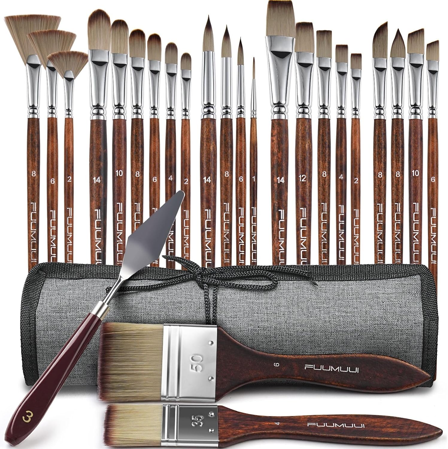25pcs Paint Brush Set, Professional 9 Shapes with Wide Flat, Filbert, Fan, Dagger, Cat Tongue, Round, Angle, Rigger