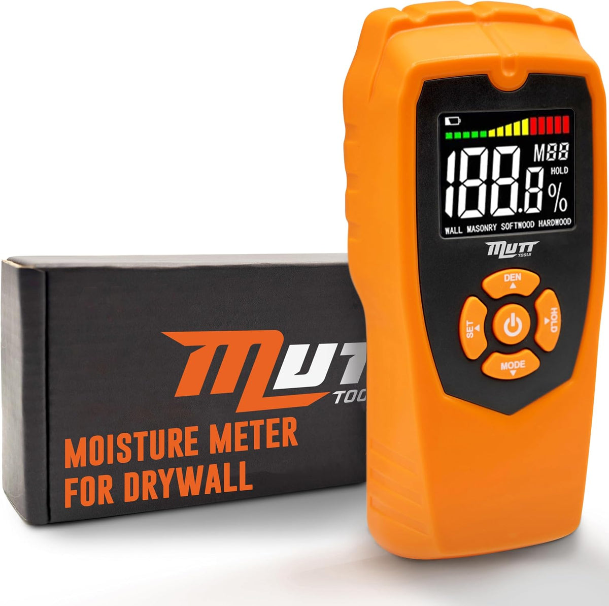 Mutt Tools Moisture Meter for Drywall Walls Pinless Wood Detector | Drywall Moisture, Pinless, 2 Inch Depth, Backlit