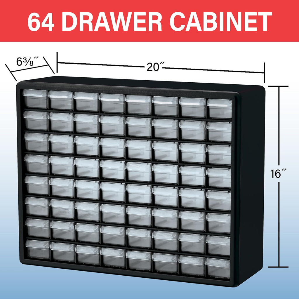 64-Drawer Plastic Storage Cabinet, 20" W x 6" D x 16" H, Black