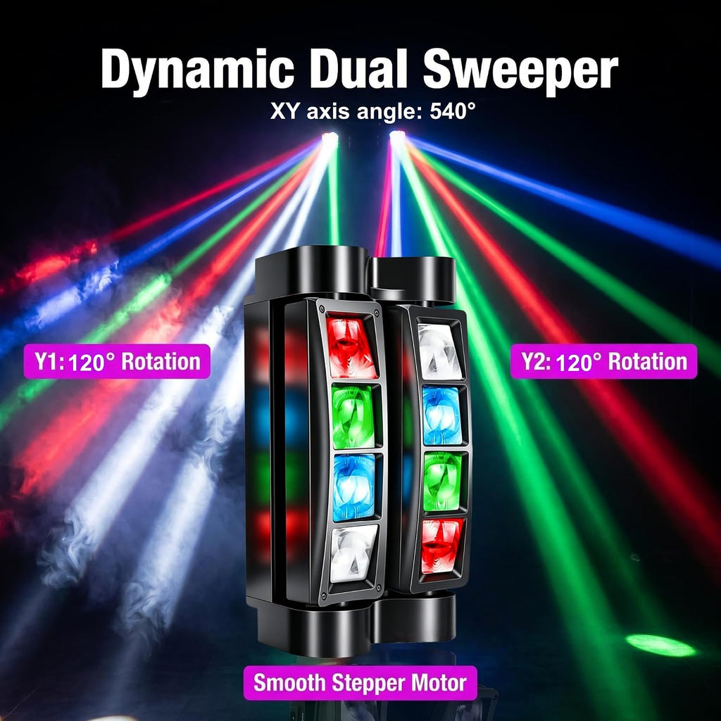 8x10W Spider Moving Head DJ Light, RGBW LED Stage Light 2 Packs | 8 LED RGBW Beams, Sound Activated & DMX512 Control