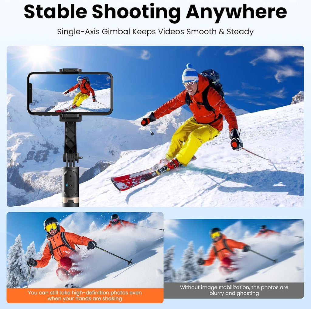 Gimbal Stabilizer for Smartphone, 1-Axis Auto Balance Handheld Gimbal, 360° Rotating Extendable Selfie Stick Tripod