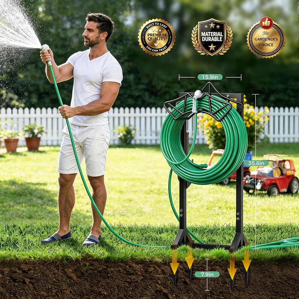 Garden Hose Holder with 2 Tool Hooks Heavy-Duty Water Hose Reel Rustproof | Freestanding Hose Reel Metal Stand Rack
