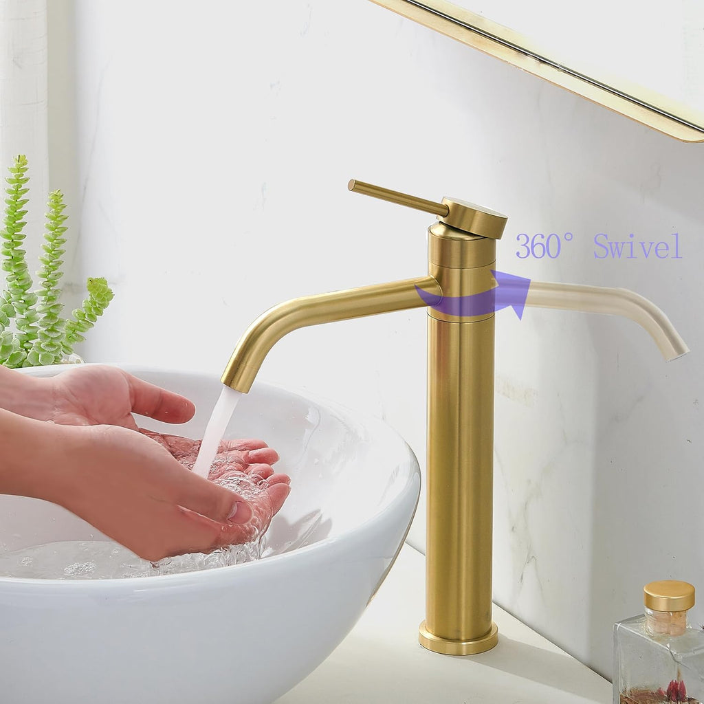 Hotis Gold Vessel Sink Faucet, 360 Swivel Brushed Gold Vessel Faucet, Single Handle Tall Body Farmhouse Vessel