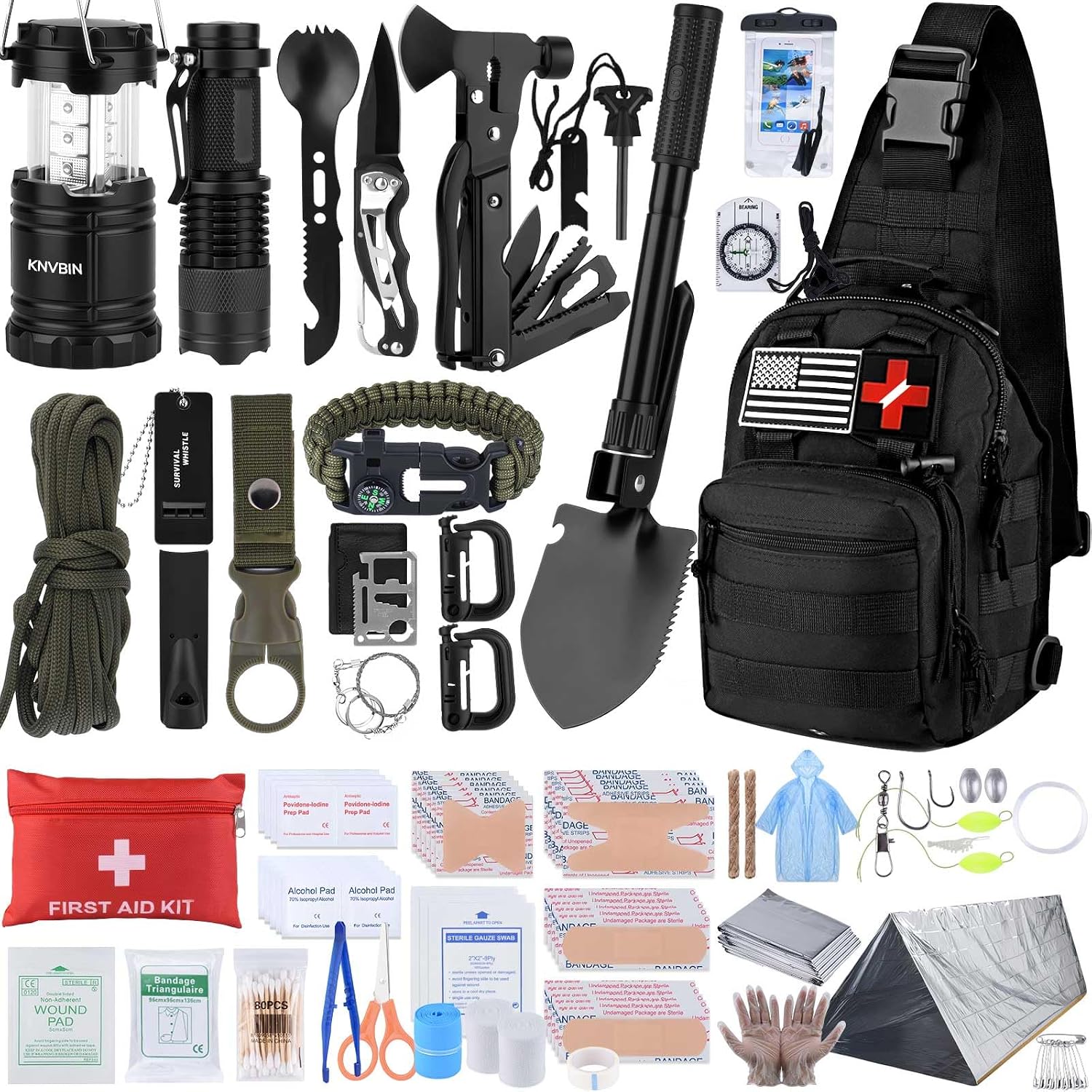 Survival Kit, 250pcs Survival Tools Tactical Gear and Trauma Bag, Survival First Aid Kit with Molle Crossbody Bag &