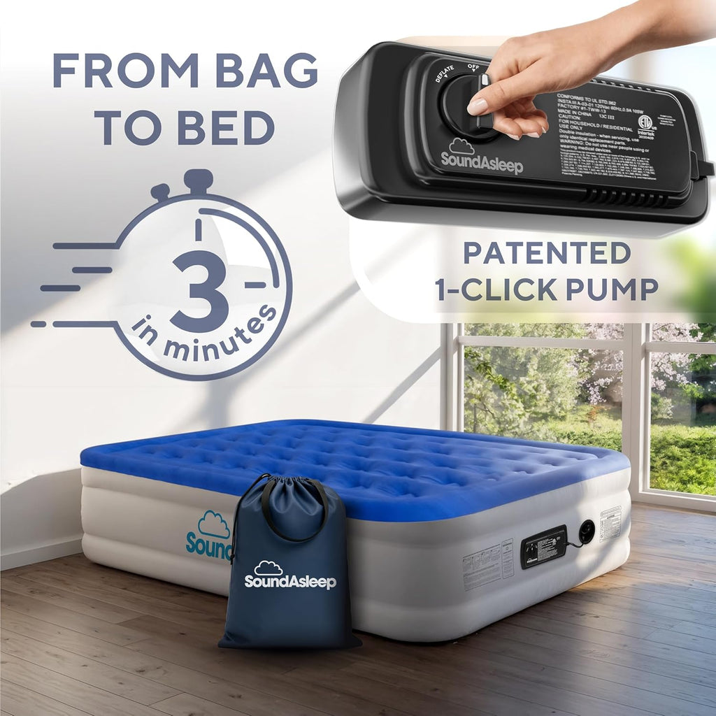 SoundAsleep Dream Series Raised Queen Air Mattress, Built-in Pump, Blue | ComfortCoil Technology, fast 1-click