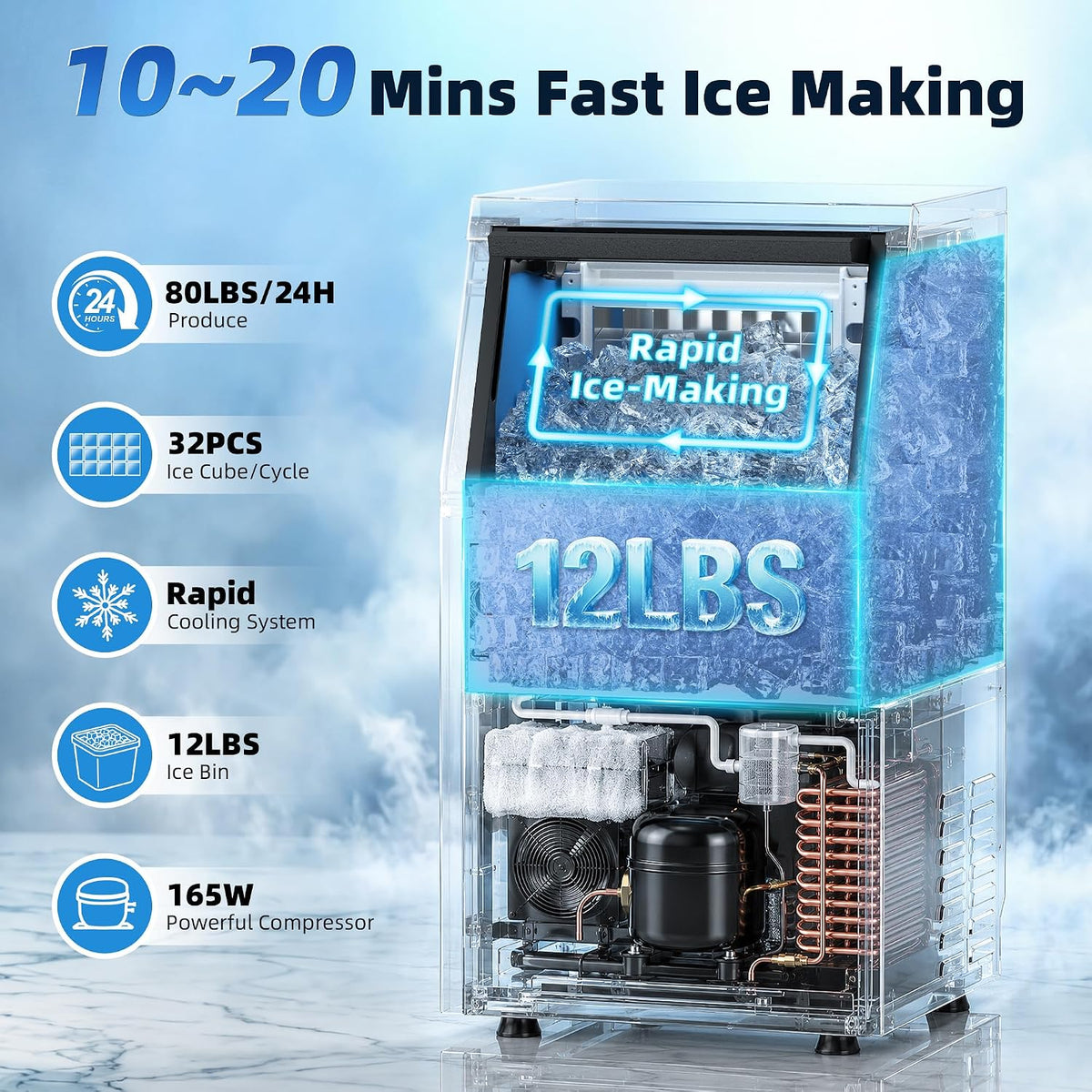 Commercial Ice Maker Machine (80lbs/24H with 12lbs Ice Storage)