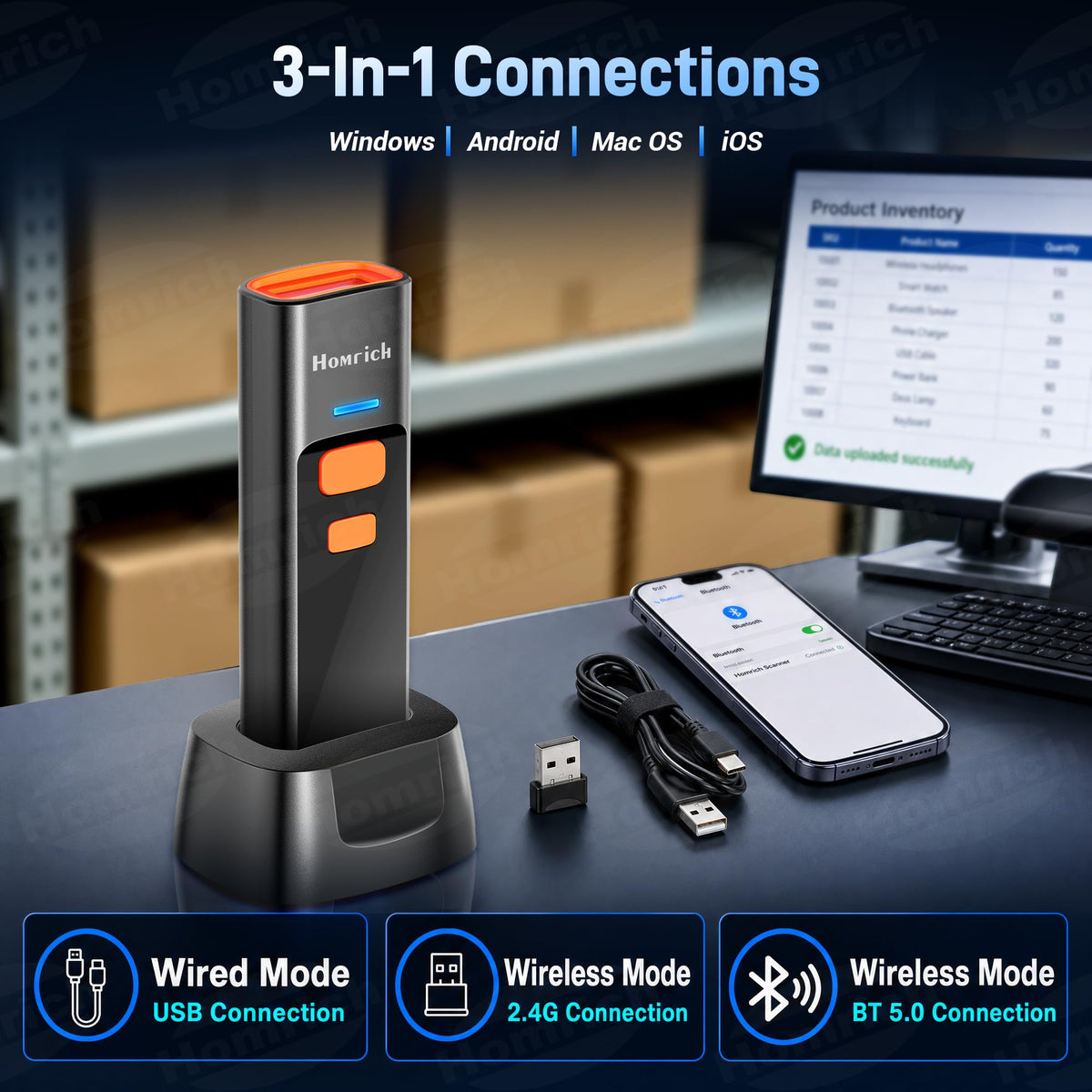 3-in-1 Bluetooth & 2.4G & USB Wire Mini Barcode Scanner with Charging Dock