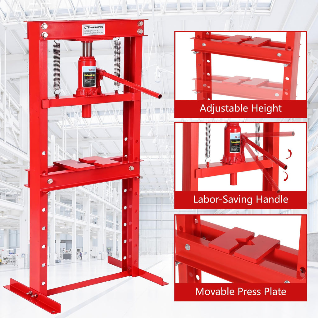Garvee 12 Ton Hydraulic h-Frame Press with Adjustable Worktable & Plates