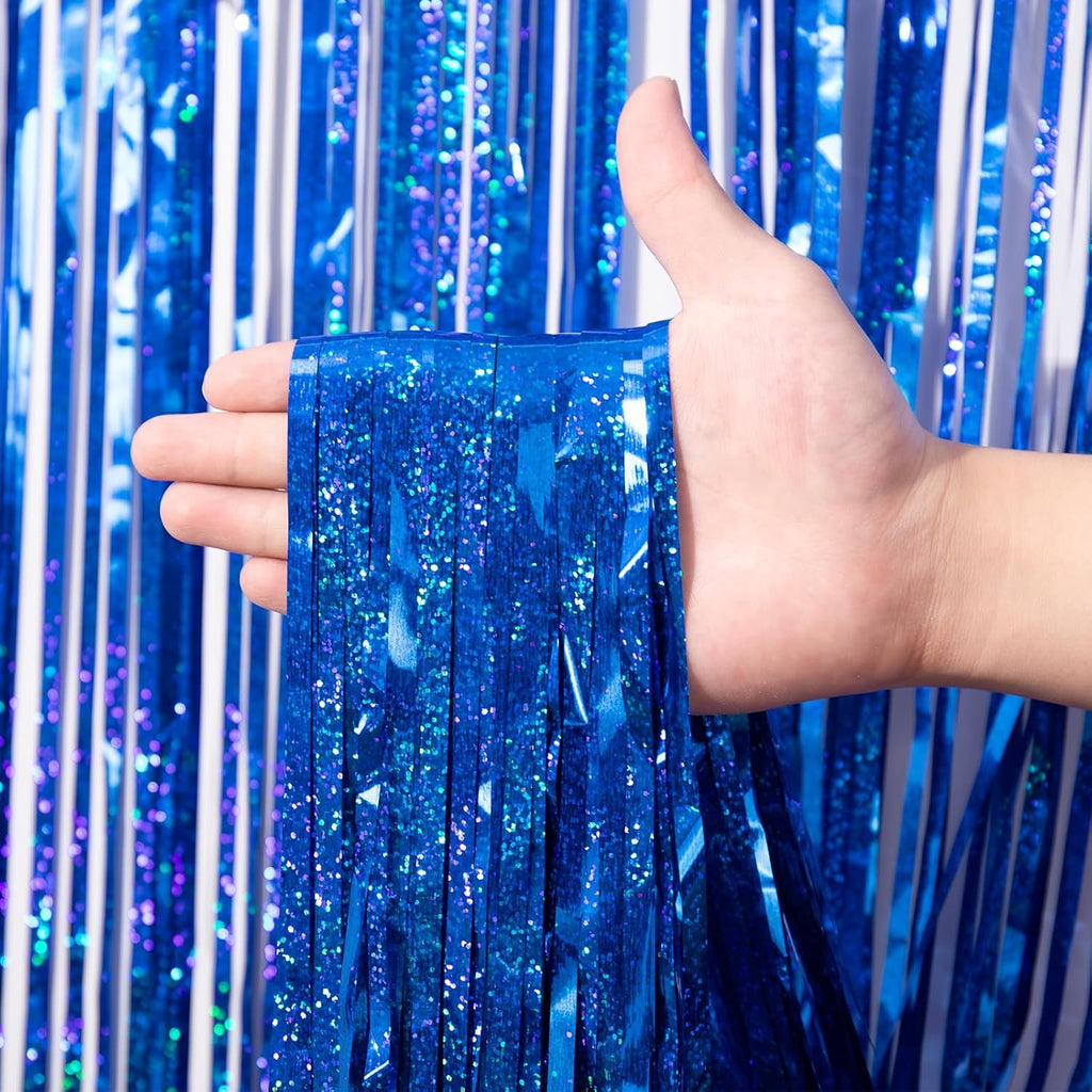 3 Pack 3.3 x 8.2 ft Laser Blue Foil Fringe Backdrop Curtains, Tinsel Streamers Birthday Party Decorations, Fringe
