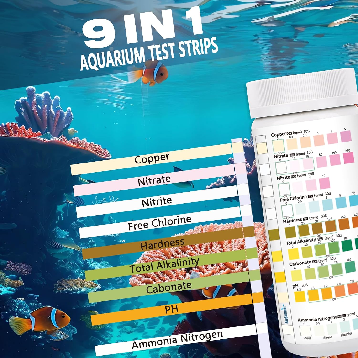 Aquarium Test Strips for Fish Tank: 9 in 1 Aquarium Ammonia Test Strips for Fish Tank - 125 Counts Aquarium Water