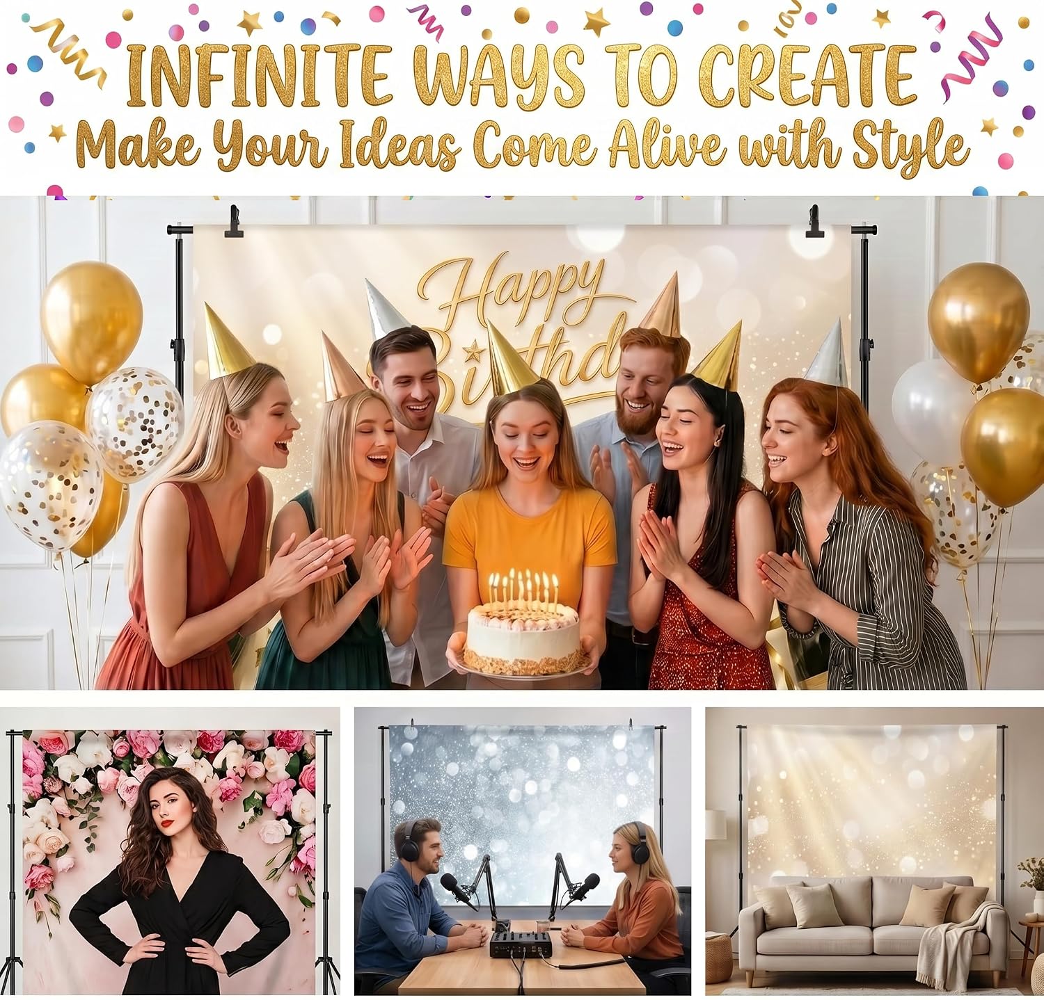 Custom Backdrop Banner with Wall Tacks, Personalized Photo Backdrop with Picture Logo Text, Non-Reflective Customized