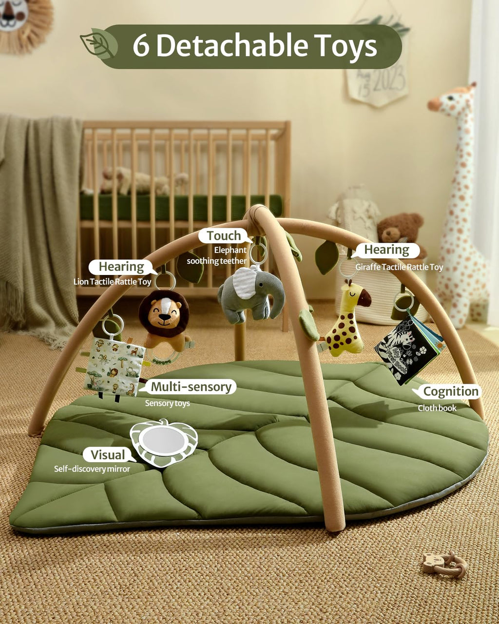 Baby Play Gym & Activity Mat, Oversize Leaf Shaped Baby Play Mat w 6 Detachable Toys, Tummy Time Mat Promote Motor