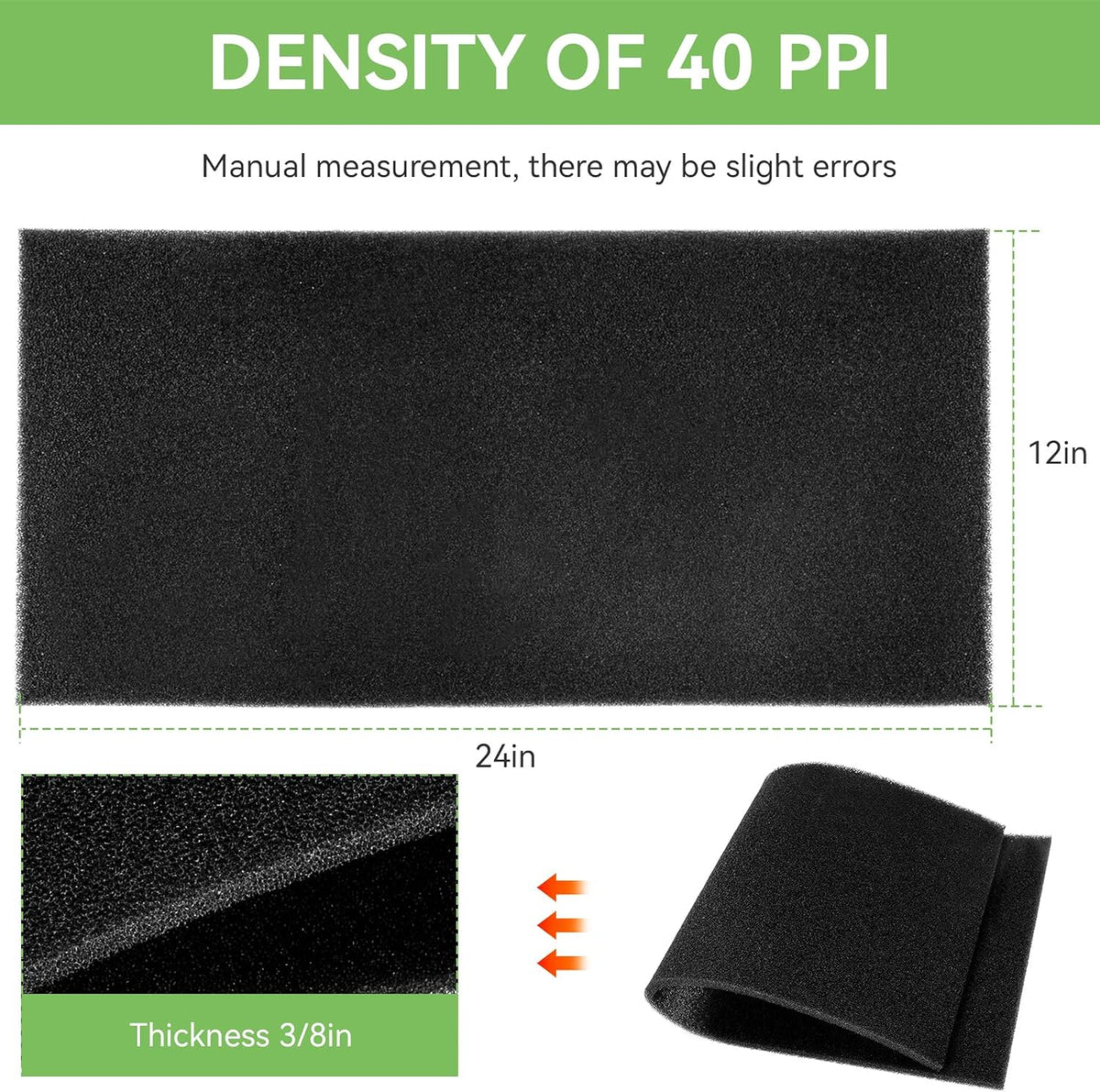12"x24"x3/8" 40 PPI Filter Foam, Universal Air Filter Foam Sheet Material