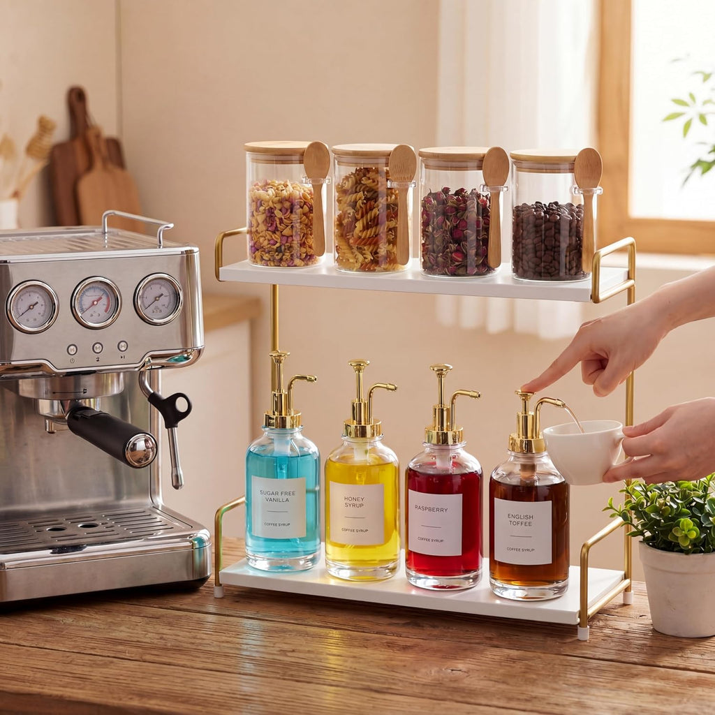 8 Pcs Syrup Dispenser and Glass Jar, Gold Pump Bamboo Lid