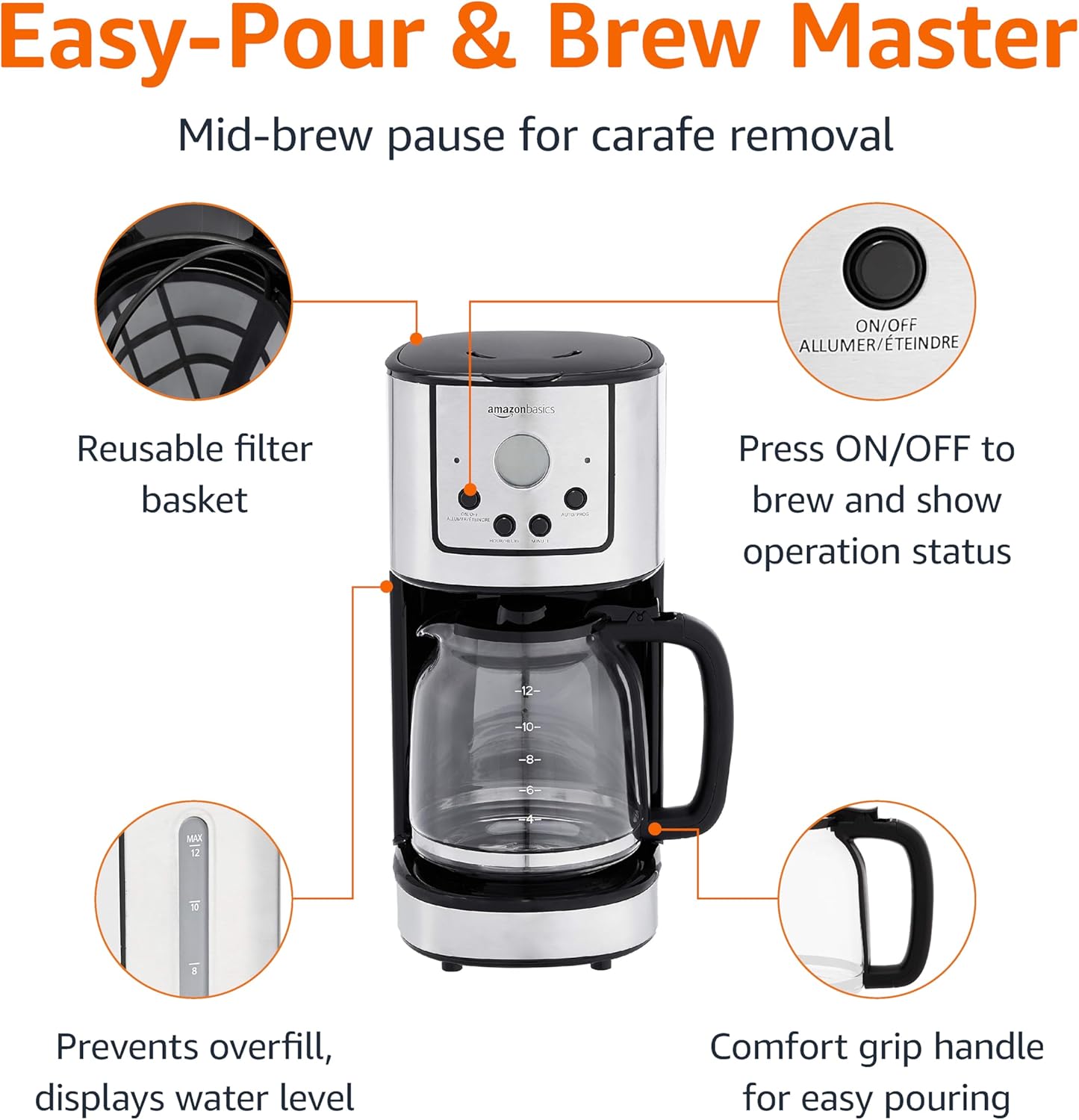 Programmable Coffeemaker with Carafe and Reusable Filter, Stainless Steel, 12 Cups, Black