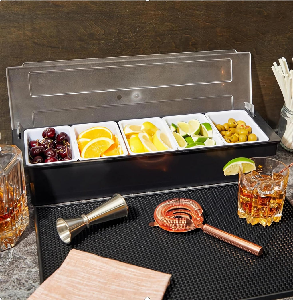 Ice Chilled Condiment Caddy Serving Container with Lid,5 Compartments