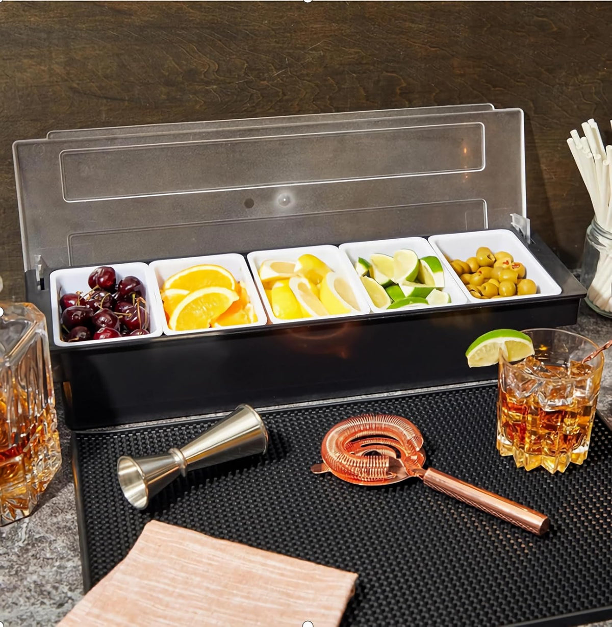Ice Chilled Condiment Caddy Serving Container with Lid,5 Compartments