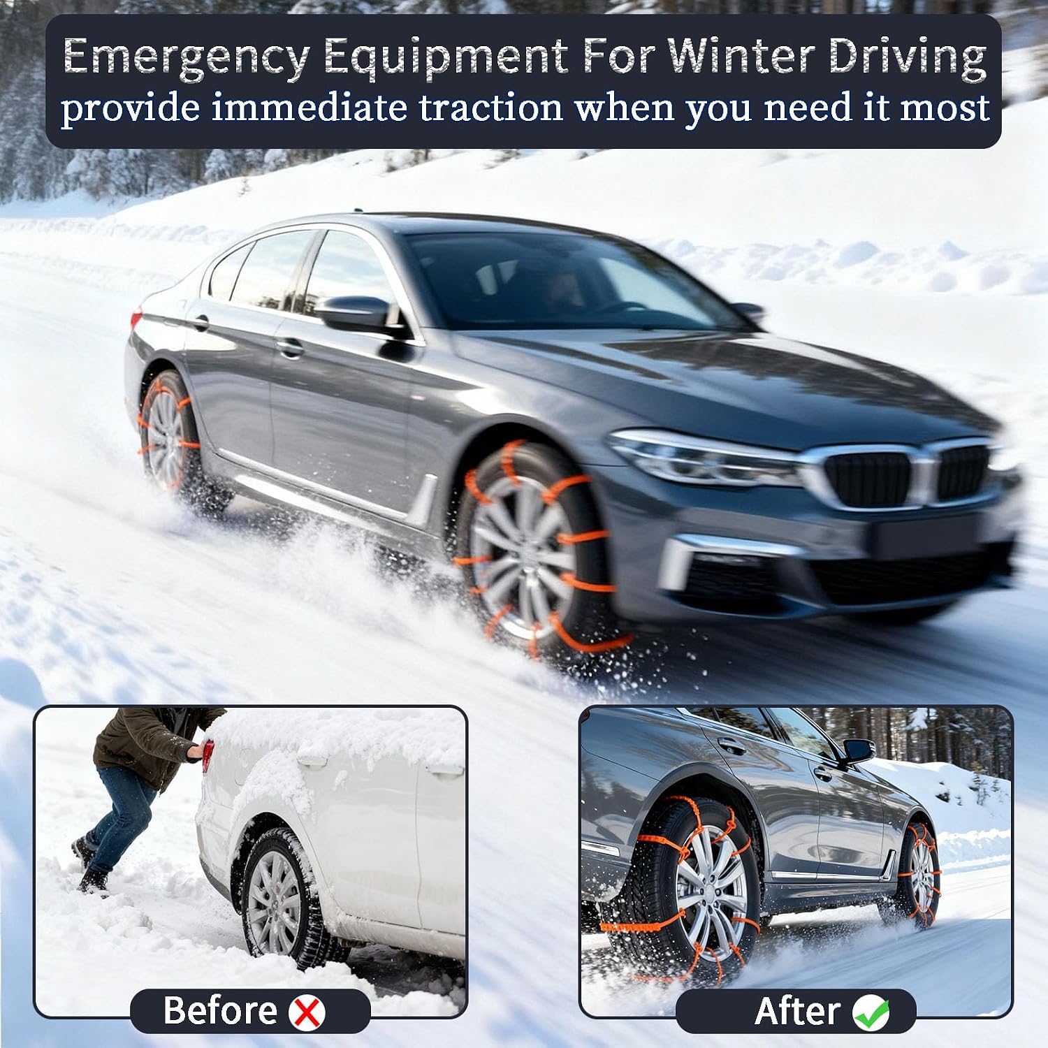 Universal Anti-Skid Snow Tire Chains for Cars SUV Trucks - Adjustable 14-19 Inch Emergency Winter Traction Tire