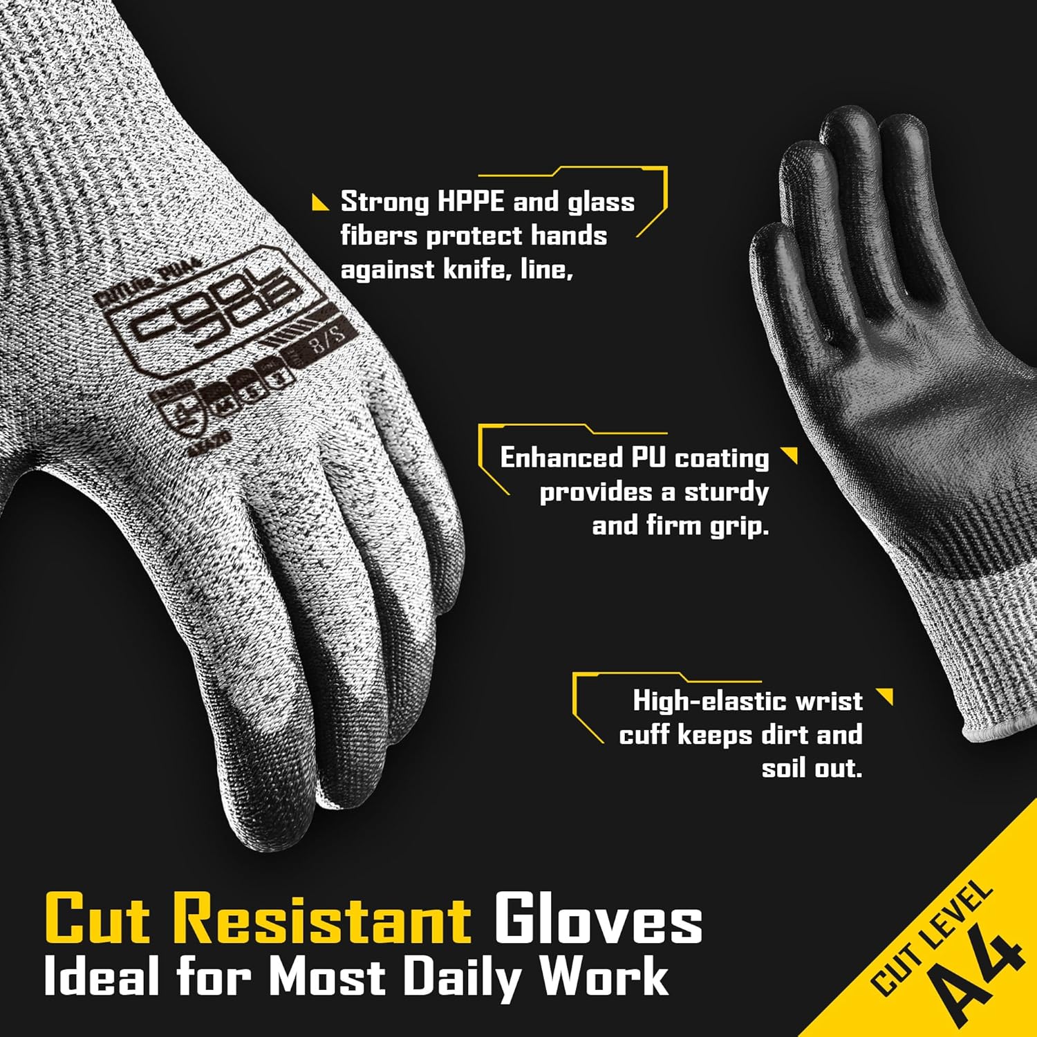 12/120 Pairs Cut Resistant Safety Work Gloves with Grip, 13 Gauge Seamless Shell with PU Coating, ANSI A2 A4 A6, Gray