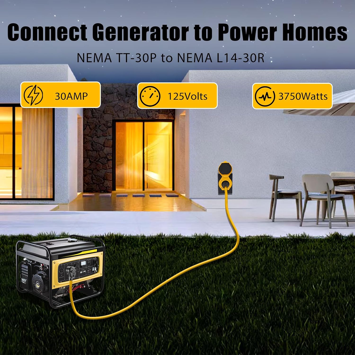30 AMP Generator Transfer Switch Adapter Cord, Heavy Duty STW 10 Gauge NEMA TT-30P Male to L14-30R Female, 3 Prong to