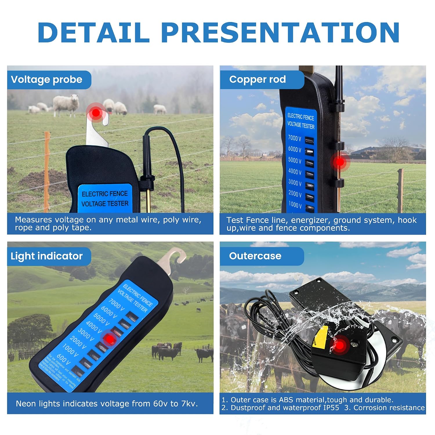 Electric Fence Voltage Tester, 7KV Fence Tester 8 Neon Indicator Lights