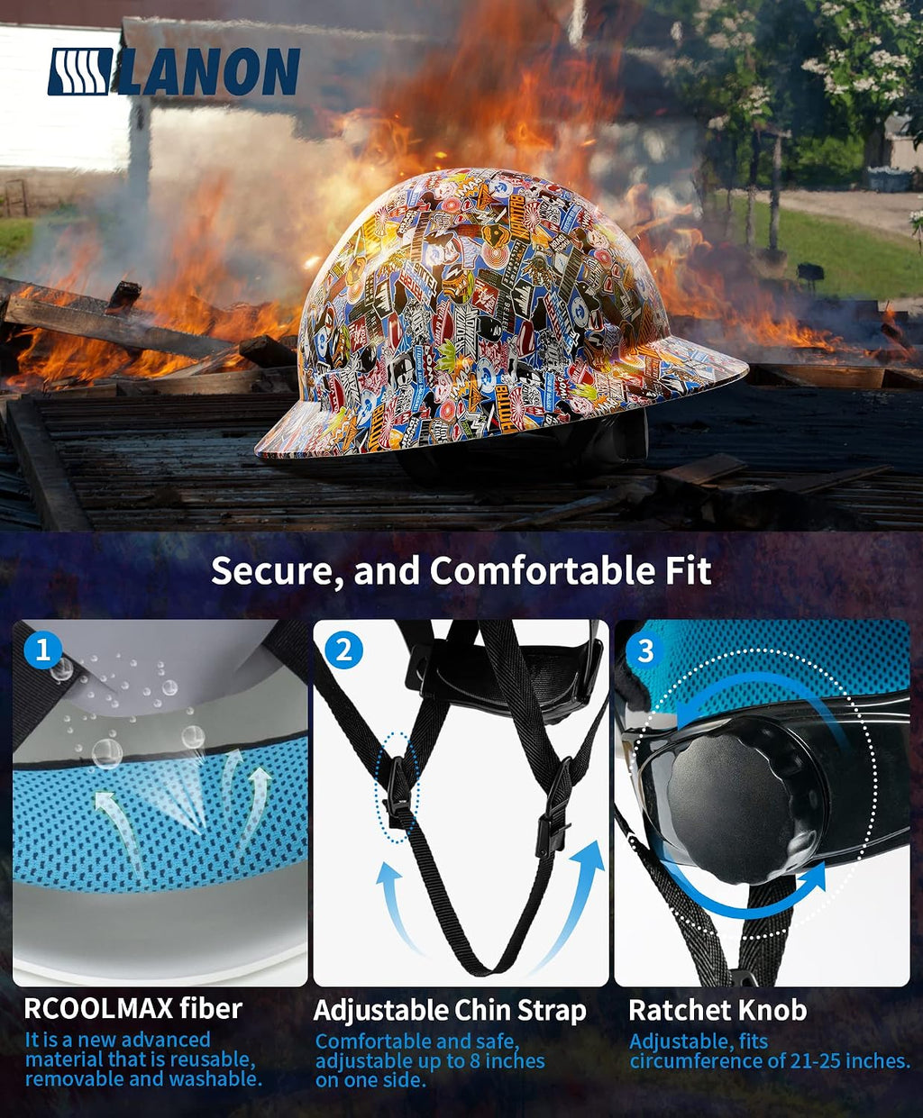 LANON Full Brim FRP Hard Hat, Class C, Premium Multicolor Design | FRP Shell with 4-Point Adjustable Ratchet