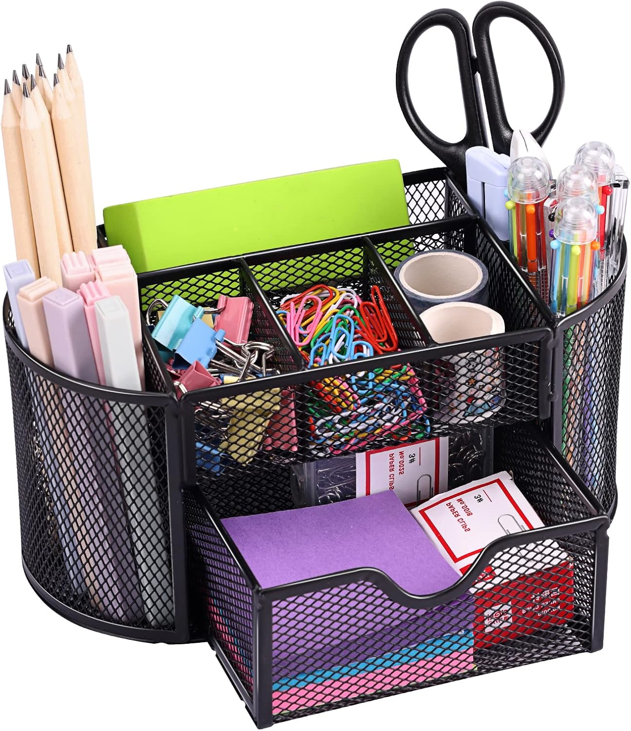 Desk Organizer, Pencil Holder for Desk, Mesh Office Desk Accessories with 8 Compartments and 1 Drawer Stationery