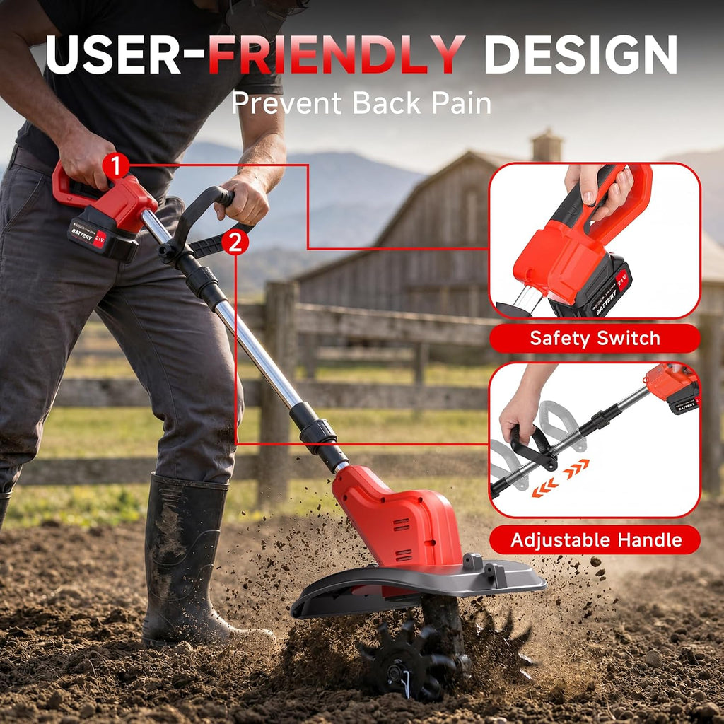 21V Cordless Tiller for Gardening, 120Mins Runtime Rototiller, 11.8" Width 6.6" Depth Garden Tiller with 2x4.0Ah