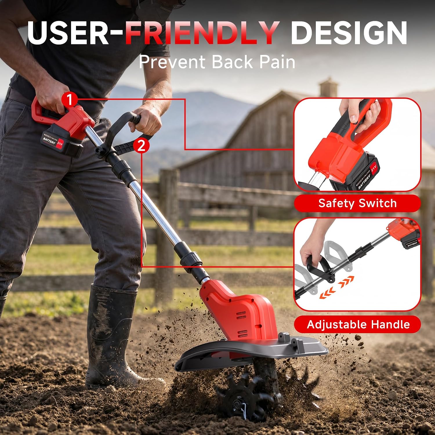 21V Cordless Tiller for Gardening, 120Mins Runtime Rototiller, 11.8" Width 6.6" Depth Garden Tiller with 2x4.0Ah