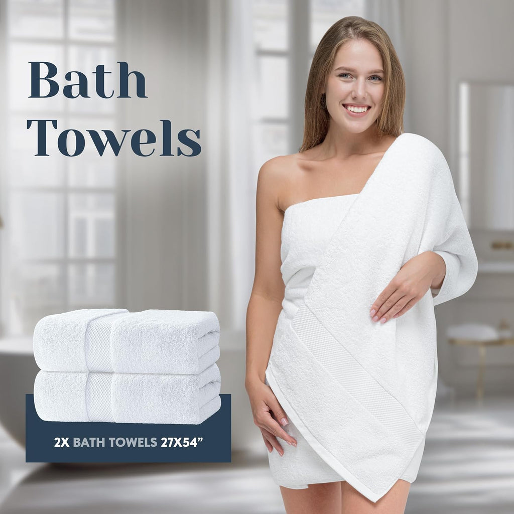Luxury White Bath Towel Set of 8 Pieces - 100% Turkish Cotton 700 GSM Highly Absorbent Towels for Bathroom, 2 Bath