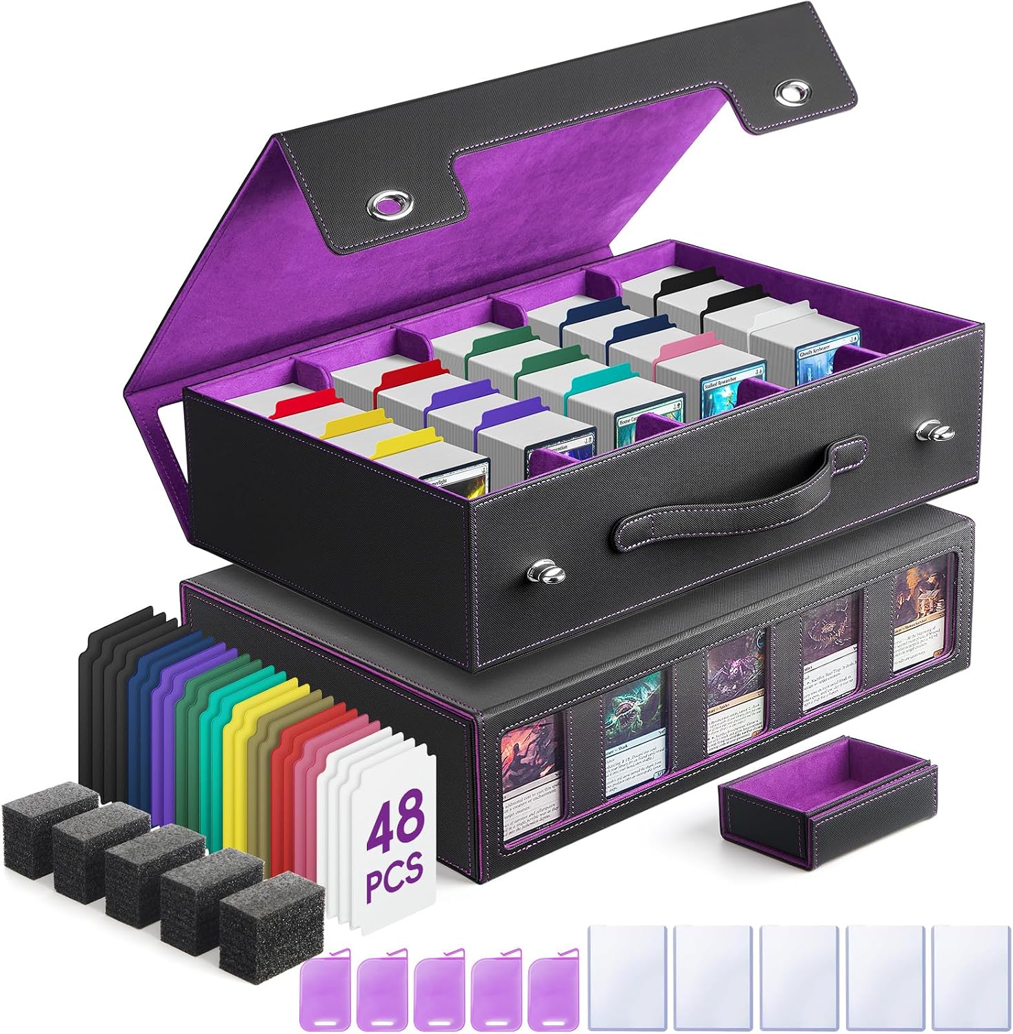 5-Row Trading Card Storage Box with Handle and Commander Display, 3900+ Card Case Includes 5 Top Loaders, 5 Stoppers