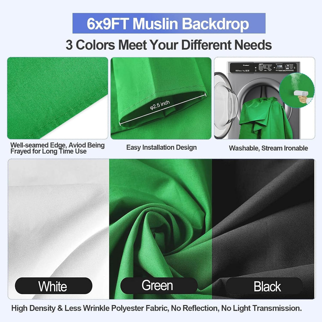 Green Screen Backdrop Kit 8.5x10FT with 3Pcs 6x9ft Backdrop for Party | Adjustable Background Stand with