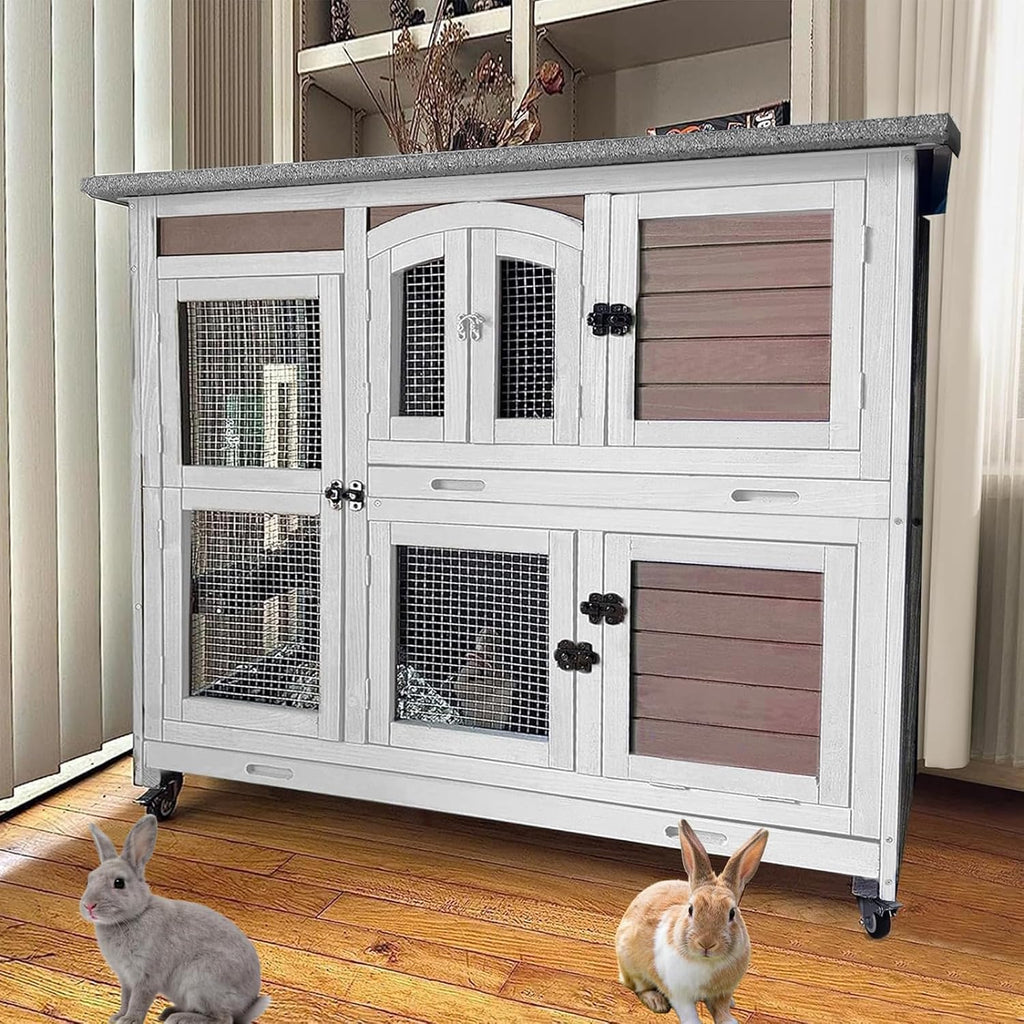 Guinea Pig Cage 2-Tier Indoor Outdoor Rabbit Hutch with Wheels, Leakproof Tray, Easy Clean Small Animal Habitat for