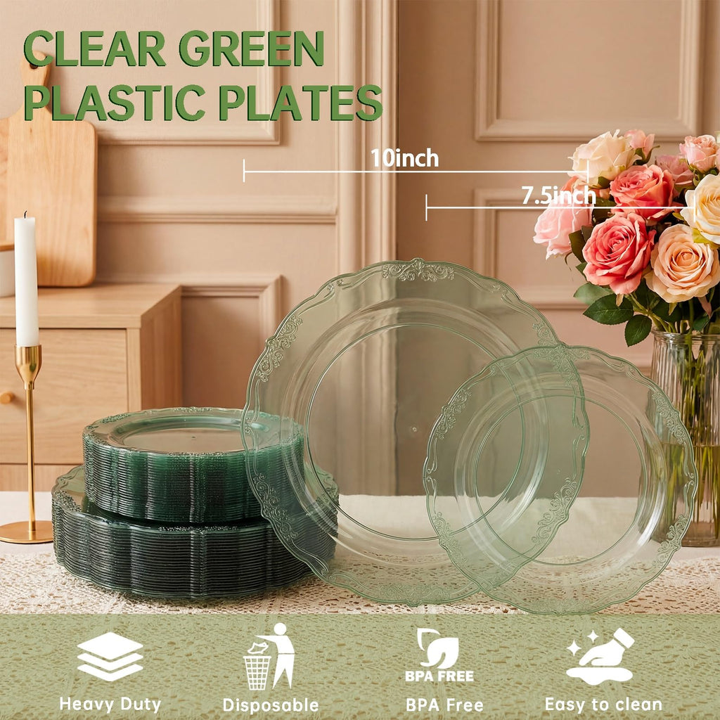 60PCS Clear Green Plastic Plates,Green Plates Disposable Heavy Duty