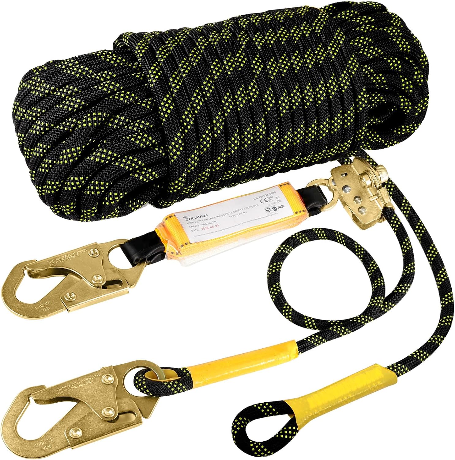 TRSMIMA Rope Harness Safety Lanyard：50ft Roofing Rope Fall Protection | Vertical Safety Harness Rope With Grab Snap