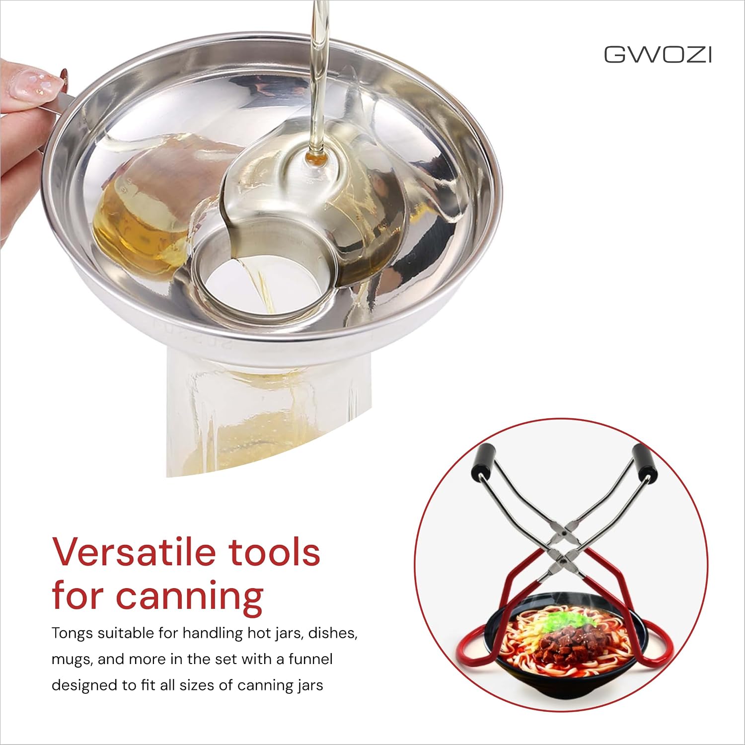 Canning Tongs Jar Lifter & Canning Funnel with Wide Mouth, Set of 2 - All Size Canning Jar Lifter with Rubber Grips