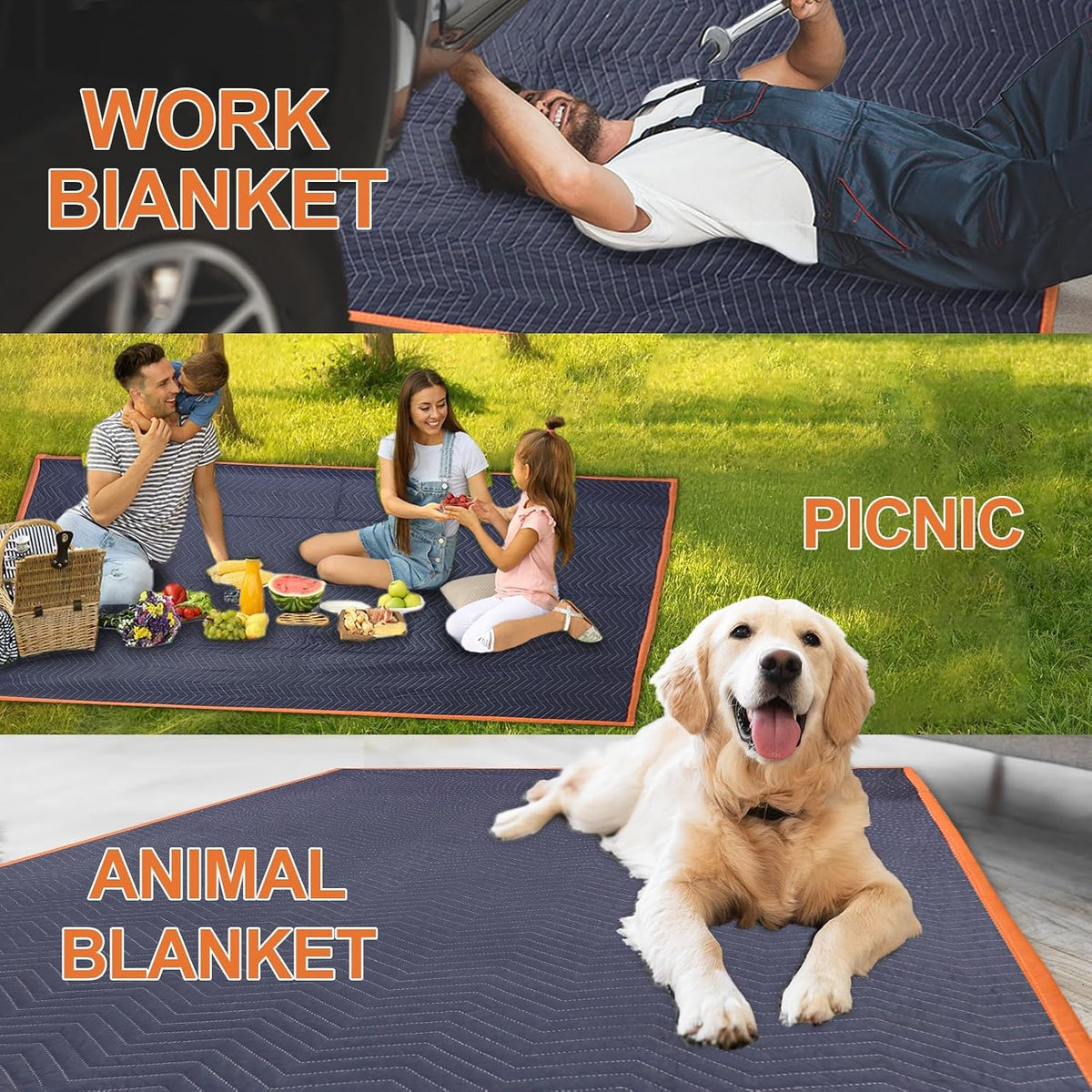 2 Pk Heavy-Duty Moving Blankets 72x80in with 1 Large Rubber Band
