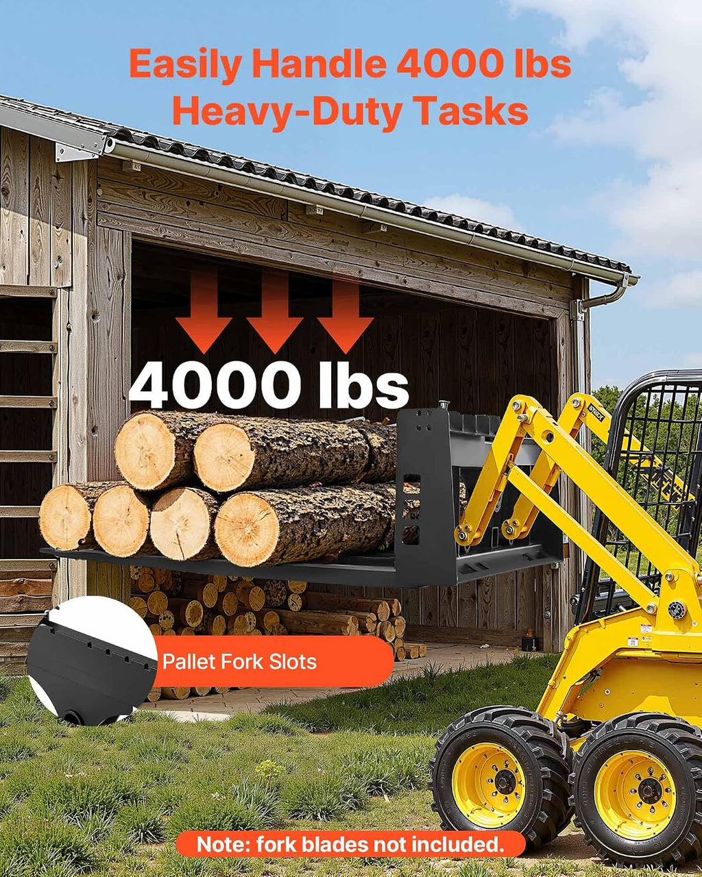 Skid Steer Pallet Frame, 4000 lbs Rated Load Capacity, 45-inch Pallet Fork Frame Attachments with 2-inch Hitch