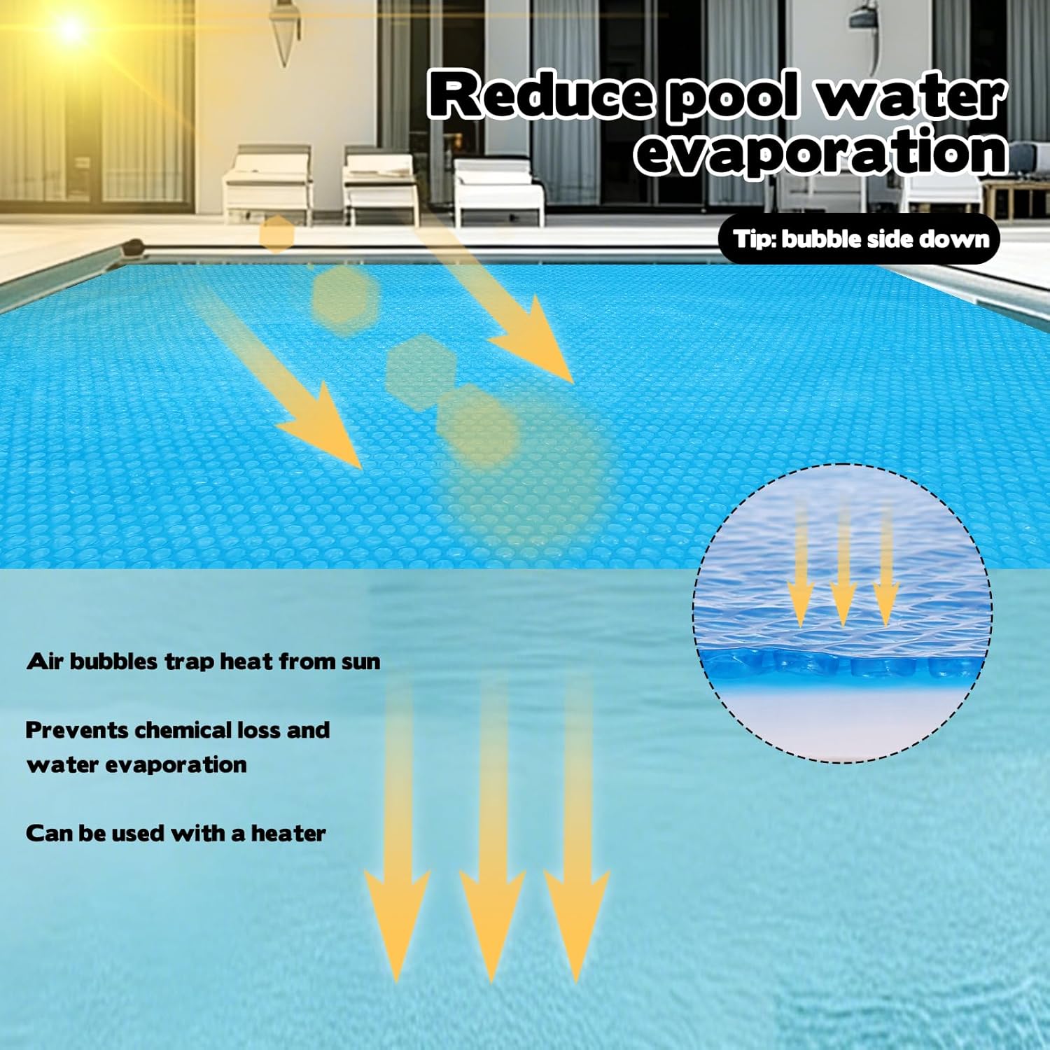8.5x5.5 Ft Rectangle Solar Pool Cover for Above Pools, Blue Bubble Insulation Blanket for Heating, Heat Retention