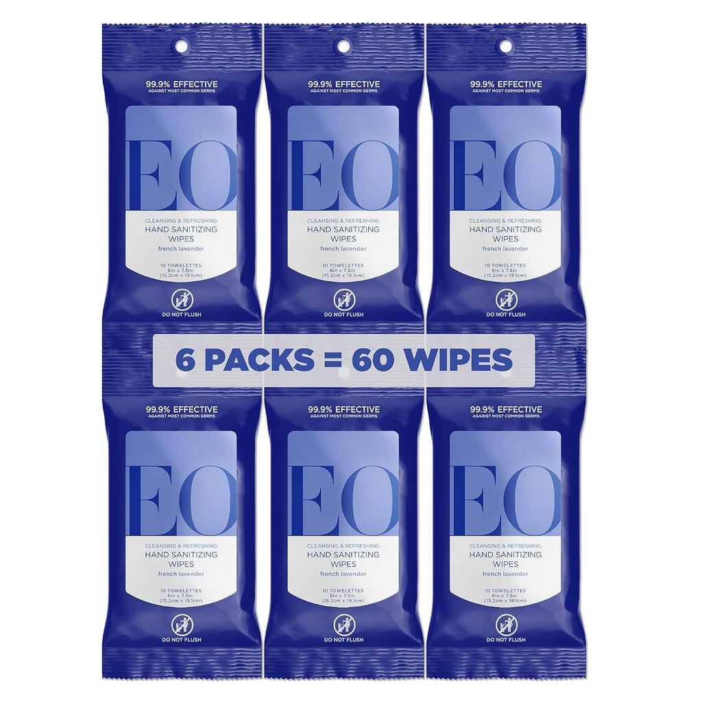 Hand Sanitizer Wipes, 10 Wipes (Pack of 6), French Lavender, Sugarcane Derived Alcohol with Essential Oils, TSA friendly