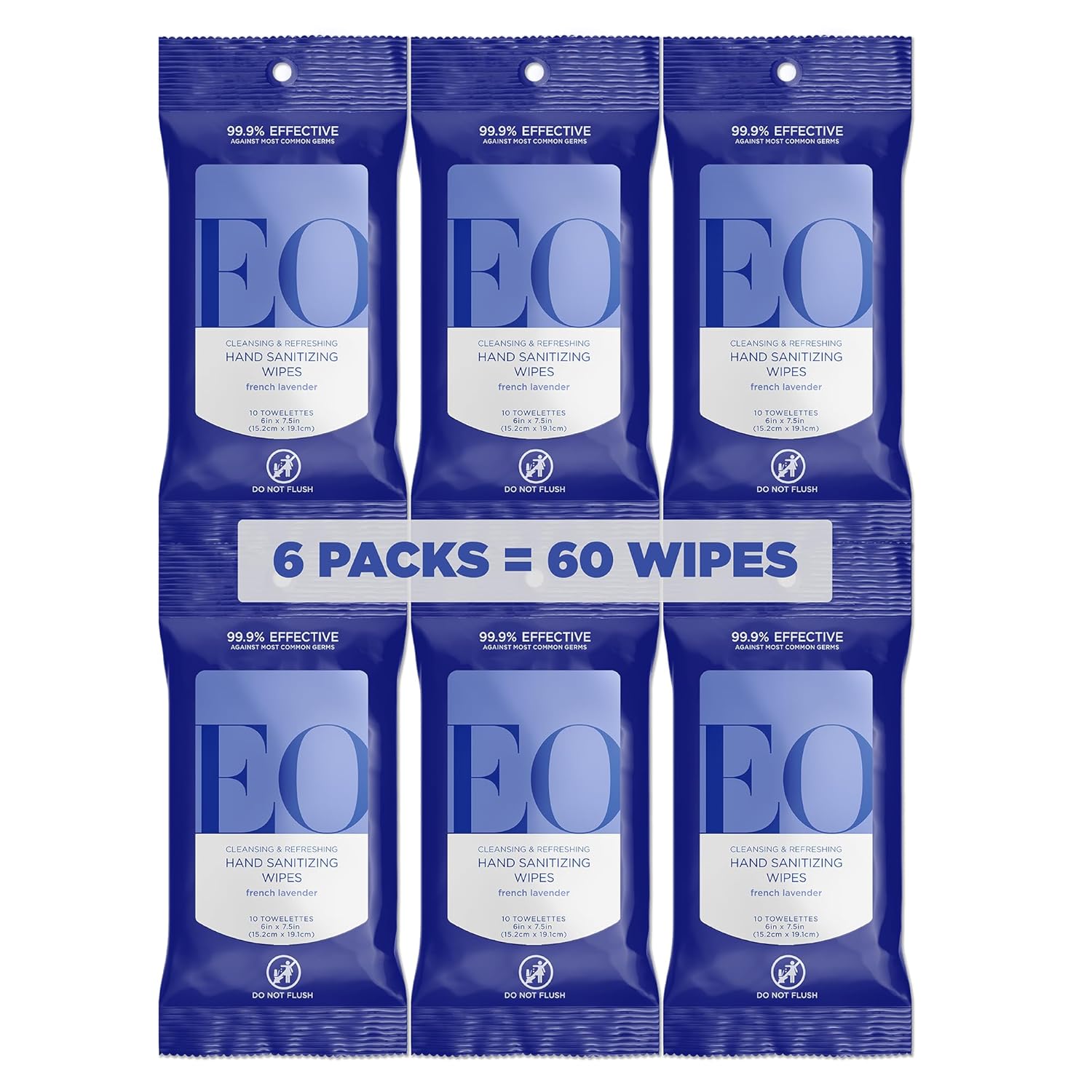 Hand Sanitizer Wipes, 10 Wipes (Pack of 6), French Lavender, Sugarcane Derived Alcohol with Essential Oils, TSA friendly