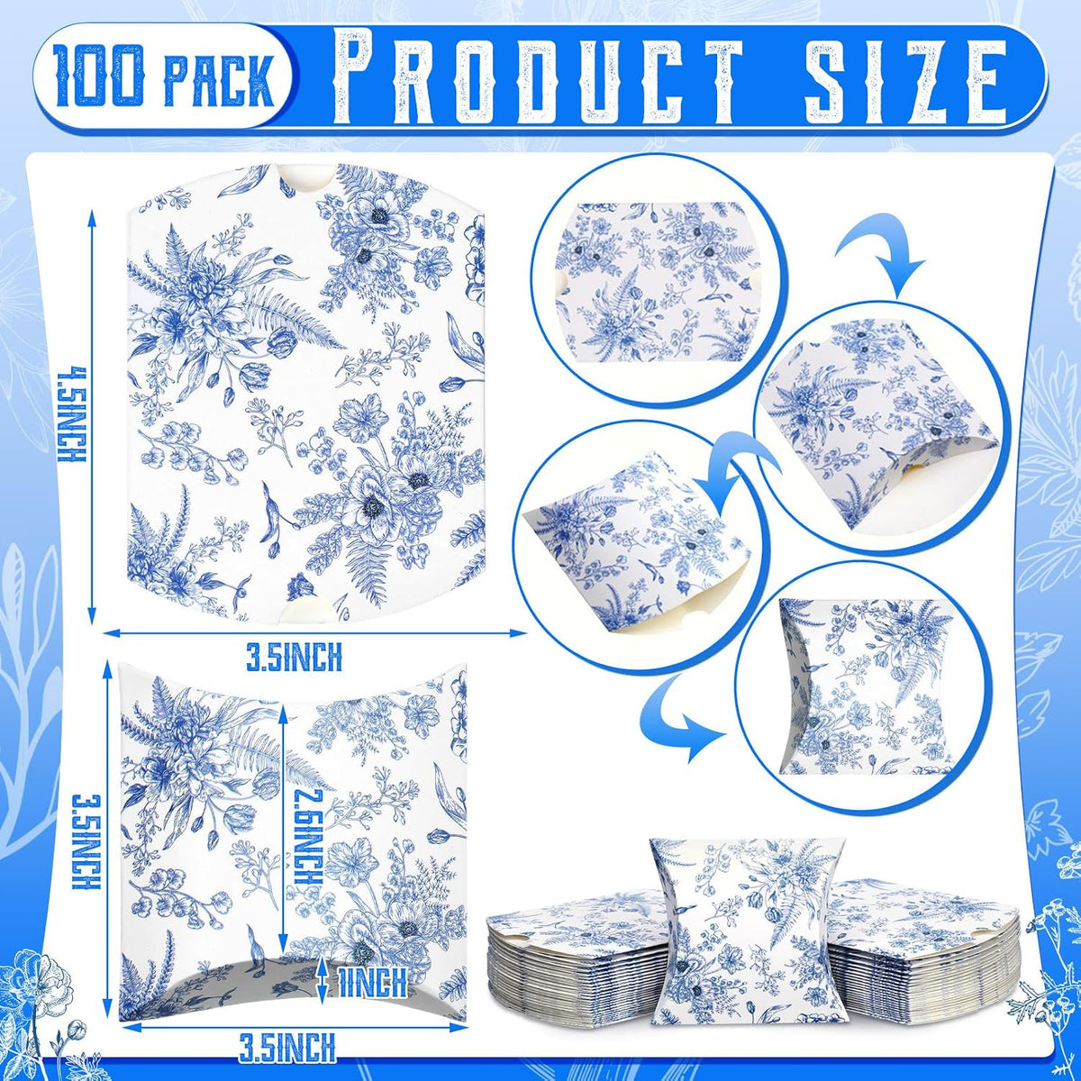 100 Pcs Wedding Favor Boxes Blue Floral Pillow Boxes
